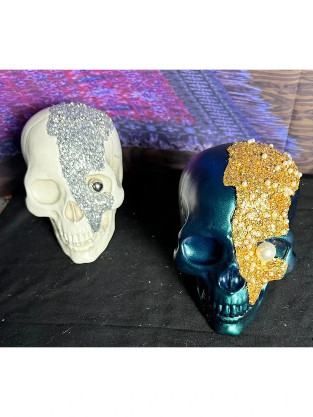 Set of (2) Target Green & White Skulls Pearl Beads Gold